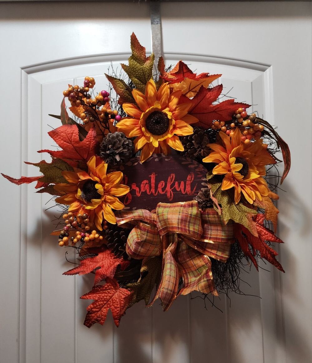 Autumn Sunflowers Fall Leaves Thanksgiving Wall Swag Wreath Decor "Grateful" 17"